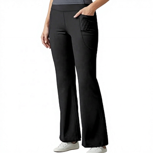 High Waist Black Solid Leg <b>Yoga</b> <b>Pants</b> <b>Pockets</b> Full Length Four-Way Stretch Elastic Spandex 100% Polyester Breathable 220g - Product Image 3