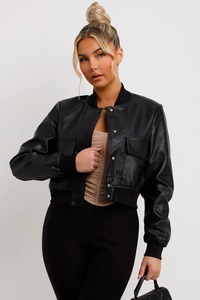 Blouson bombardier en similicuir noir Blouson bombardier de baseball en similicuir court pour femmes vintage Blouson bombardier en similicuir pour femmes - Product Image 2