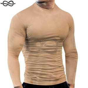 Mens Compression Long Sleeve Fitness Sports T Shirt Round Neck Solid <b>Tight</b> Elastic Bottoming Top Workout Athletic Beige - Product Image 4
