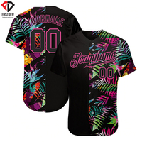 Jersey Baseball Pria Ukuran Besar, Warna Pink Putih, Kerah V, Kancing Depan, Lengan Setengah, Sublimasi, Bahan Bernapas, 100% Poliester