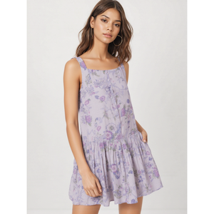 100% Cotton Floral <b>Mini</b> Dress for Women Elegant Casual Lavender Summer Square Collar Dress for Office and Partywear - Product Image 1