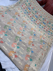 Sari Banarasi traditionnel en pur Georgette Tussur semi-tissé à la main, avec travail Tilfi Meena multicolore Meenakari, protection solaire, séchage rapide - Product Image 4