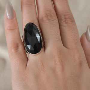 Anillo de ónix negro en negrita Plata de ley Oval grande 16x31mm Piedra preciosa facetada Anillo de cóctel de declaración ajustable para mujer - Product Image 4