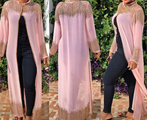 Venta al por mayor frontal abierto Georgette Abaya Kaftan vestido con intrincados adornos de trabajo manual adultos estilo de Oriente Medio ropa de fiesta de vacaciones - Product Image 5