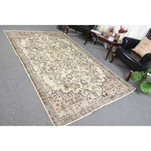 Alfombra tradicional de lana Beige de 5,5x9,2 pies, hecho a mano aparador turco, diseño rectangular de retazos para sala de estar con respaldo de látex - Product Image 4