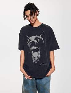 Streetwear T-shirt décontracté 100% coton solide motif avant Logo coupe ample tissu tricoté - Product Image 2