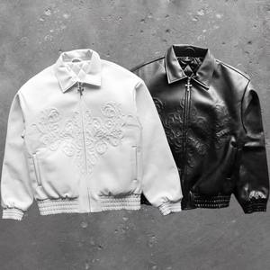 Chaqueta de Cuero Personalizada para Hombre, Invierno, con Diseño Cruzado Repujado, Cuello Alto, Dobladillo y Puños Acanalados, Cremallera Completa, Corte Holgado - Product Image 5