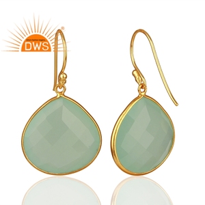 Fabricants de boucles d'oreilles pendantes en argent sterling plaqué or 18 carats avec pierre précieuse en calcédoine aqua naturelle - Product Image 2