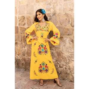 Robe longue maxi brodée de fleurs de couleur personnalisée pour femmes, col en V, manches courtes, lavable naturellement, ethnique, bohème, robe de soirée - Product Image 3