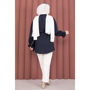 Camisa Azul Marino para Mujer, Detalle de Cordones, Tela de Popelina de Algodón, Talla XL, Decoración con Bordado Fisto, Botones, Larga/Corta/Primavera/Otoño - Product Image 5