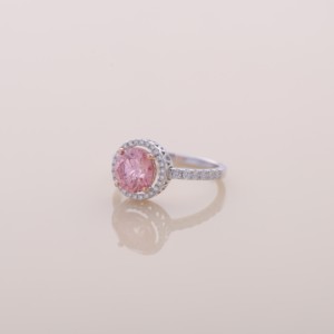 IGI Certified <b>Pink</b> Round Lab Grown Diamond Halo Engagement & Wedding Ring in 9K White / Rose & Yellow Gold - Product Image 6
