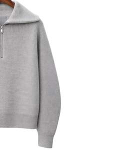 Manufacturer Custom <b>Mens</b> Quarter <b>Zip</b> Knit Sweater Light Grey Ribbed Texture High Collar Warm Winter Casual Pullover OEM Custom - Product Image 3