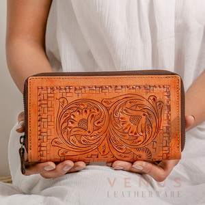 High Quality Women's Genuine Leather Purse Wallet Fashionable <b>Long</b> Design Clutch <b>Bag</b> with Open Closure and Decorative Feathers - Product Image 6