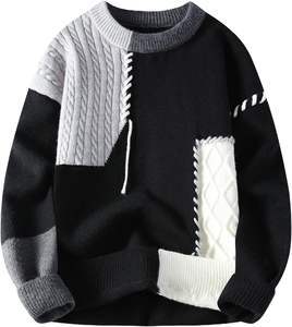 Pull en tricot patchwork pour hommes, tricot câblé à blocs de couleurs, pull d'hiver chaud, haut tendance décontracté à manches longues - Product Image 1
