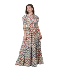 High Quality Floral Long Cotton V Neck Loose Fitted Spring Summer Wear Maxi Dress Elegant Women's Casual Fashion Dress