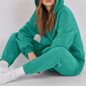 Fabricación OEM mujeres impreso sólido peso pesado algodón polar pulóver sudaderas con capucha chándal conjuntos invierno a juego - Product Image 3