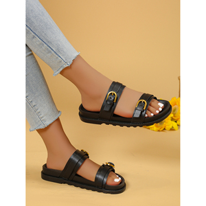 Sandales compensées Peep imperméables pour femmes Preppy College Casual Semelles épaisses avec conception de boucle à la mode pour l'été et l'hiver - Product Image 1