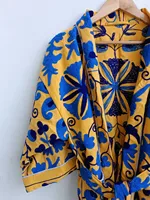 Venta al por mayor de lujo Kimono Duster Robe para damas amarillo bordado Albornoz con volantes 100% algodón cintura natural de alta demanda