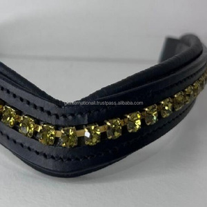 Personalizada 1 Fila Oliva Roble Verde mega bling diamante cristales incrustaciones forma de V vacía canal de caballo de cuero frente banda todos los tamaños - Product Image 3