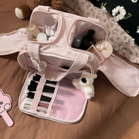 Sac de maquillage multi-couches en polyester, grande capacité, portable, sac de rangement pour articles de toilette, double ouverture large, sac de voyage moelleux, vente flash