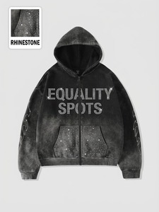 Custom <b>Sun</b> Fade Oversized Hoodie Top Quality Premium Rhine Stone Street Style 100% Cotton Fabric Zipper Hoodie For Unisex - Product Image 1