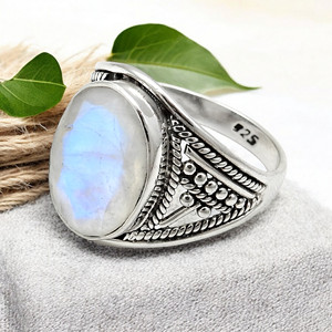 Nouvelle arrivée solide 925 en argent Sterling naturel arc-en-ciel pierre de lune Cabochon lunette réglage luxe fait à la main unisexe anneaux à faible coût - Product Image 5