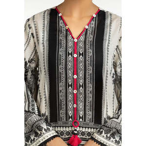 Traje Casual de 3 Piezas para Mujer en Color Beige con Estampado, Decoración Plizada y Cierre de Botones - Product Image 1