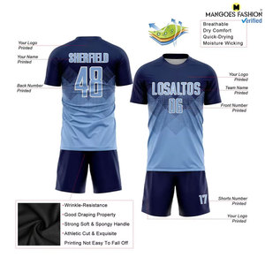 Uniforme de Fútbol Personalizado Premium para Equipos Deportivos, Color Azul Marino Claro y Blanco, Sublimado, Transpirable, de Manga Corta - Product Image 3
