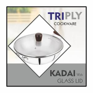 Maxfresh Premium Stainless Metal Kadai Triply Cookware Set with Attractive <b>Glass</b> Lid and Wooden Handle Modern Design Style - Product Image 4