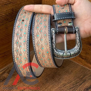 New Western Stylish Real Genuine Hand <b>Tooled</b> Leather Floral Paint Designer <b>Belts</b> High Quality Handmade Leather Unisex Waist <b>Belt</b> - Product Image 1