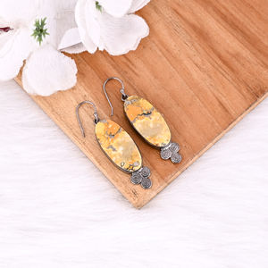 Natural Bumble <b>Bee</b> Jasper Gemstone Earrings Brass Black Rhodium Modern Eco-Friendly Artisan Craft Wedding Gift Party Accessory - Product Image 3