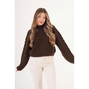 Pull-over élégant en maille spirale à motifs pour femme LUSTRIN, tricot doux et chaud marron pour l'hiver, commande en gros - Product Image 1