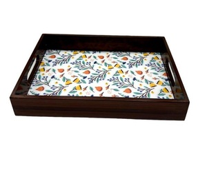 Nouvel arrivage de plateau de service en bois imprimé floral fait à la main acheter des fournitures de restauration en bois décoratives pour le service des aliments - Product Image 4