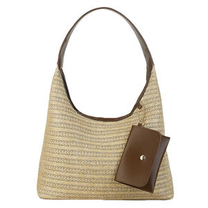Sac à main élégant en paille tressée avec bandoulière en cuir marron, pochette magnétique, sac fourre-tout décontracté d'été pour femme, accessoire de mode - Product Image 1