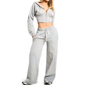 Ensemble de sweat-shirt à capuche zippé intégral pour femme, style hip-hop, vêtements de sport de haute qualité, 100% coton molletonné, délavé au soleil - Product Image 5