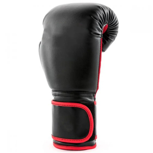 Black Leather Boxing Gloves With Red Velcro Wrist <b>Strap</b> For Adults - Product Image 2