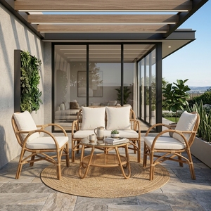 Natural Bentwood <b>Rattan</b> <b>Outdoor</b> Lounge Set 4 Piece Loveseat Armchairs Glass Round Table Cream Cushions Setup Pure Art Design - Product Image 4