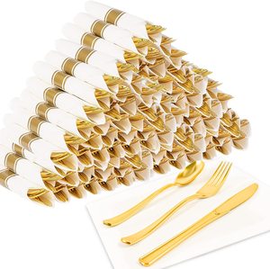Pre Rolled Gold Plastic Cutlery Set Wrapped Plastic Utensils Silverware Set for Party and Wedding