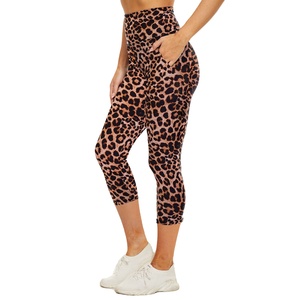 High Waist Tummy Control Leopard Yoga Capri <b>Leggings</b> Breathable Soft and Durable with <b>Pockets</b> Knee Length Solid Style Pants - Product Image 1