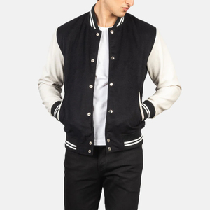Veste Vaxton Hybrid Varsity à rayures noires, manches en cuir brodé et satiné, col montant, manteau d'hiver teint OEM de style vintage - Product Image 1