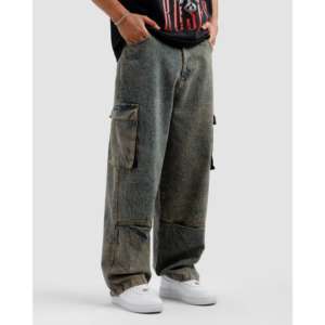 กางเกงยีนส์คาร์โก้สไตล์ฮิปฮอป แต่งลายปักแบบปะติดปะต่อ ผ้าเดนิมสโตนวอช ทรงตรงสำหรับฤดูหนาว - Product Image 1