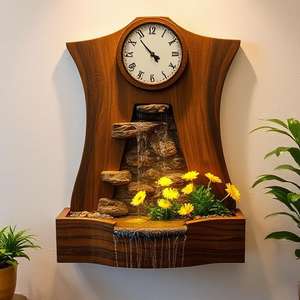 Décor mural en bois avec styles croisés animaux anges sculptés avec horloge fleur jaune cascade fontaine pierre matériel - Product Image 6