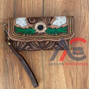 Cartera de cuero con herramientas a mano occidental, bolso de mano de cuero genuino de calidad superior, venta al por mayor, pelo en cuero de vaca, tarjetas de crédito, carteras de lujo - Product Image 1