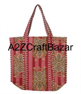 กระเป๋าโท้ทผ้าฝ้ายทำมือลายเสือ หูหิ้วยาว สะพายไหล่ สำหรับผู้หญิง เป็นมิตรกับสิ่งแวดล้อม กระเป๋าช้อปปิ้งลายทางสไตล์อินเดีย - Product Image 1