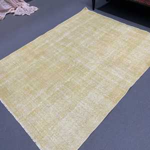 Vintage Turkish Rug, 4.4x5.8 ft Area Rug, <b>Yellow</b> Check Rug - Product Image 5