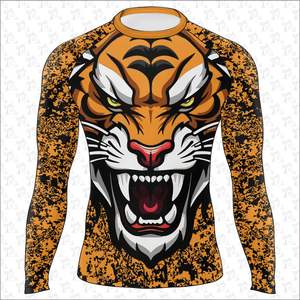 ขายส่งกีฬาผู้ชายฟิตเนสยิมการฝึกอบรมผื่นยามแขนยาวบีบอัดระเหิดพิมพ์เสื้อ Rash Guard OEM - Product Image 1