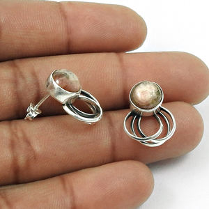 New Design Exquisite Boho <b>Earrings</b> With Round Shape Natural Rhodochrosite Gemstone In Bezel Set <b>Fine</b> Natural Stone <b>Studs</b> - Product Image 3