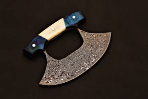 Couteau Ulu en acier damas fait à la main lame de chef de cuisine en acier inoxydable gaine en cuir véritable manche en bois bleu os bricolage OEM - Product Image 4
