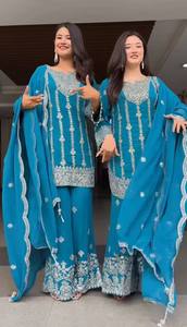 Lancement de nouveaux modèles de palazzo kurta dupatta en tissu pur soie chinon lourde, broderie, travail de séquence, réversible, pour les fêtes - Product Image 4