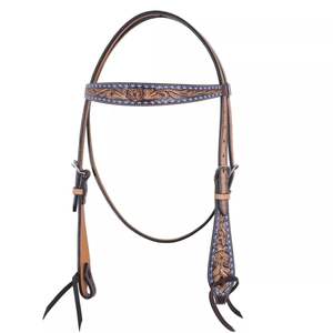 Collier de poitrine de serre-tête en cuir occidental de haute qualité Conception usinée florale durable avec des produits de cheval de point de Buck de frange bleue - Product Image 1